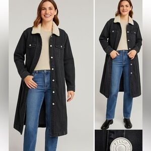 Pilcro by Anthropologie long black denim jacket faux sherpa collar medium